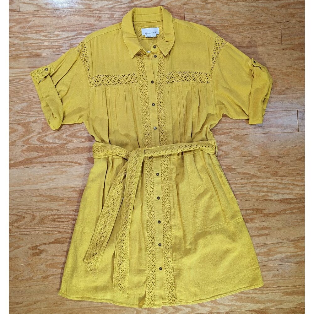 NWT Anthropologie Button-Down Tie Mini Shirt Dress in Gold